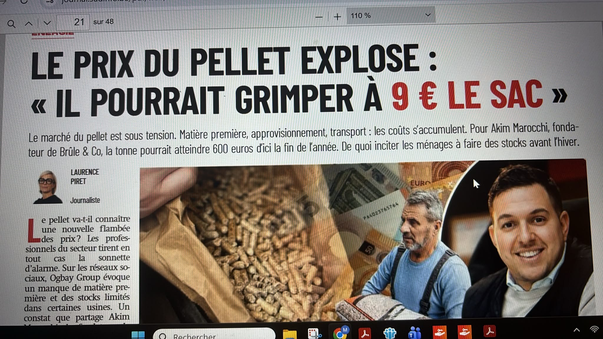 Article Sudinfo de Laurence Piret sur le prix des pellets
